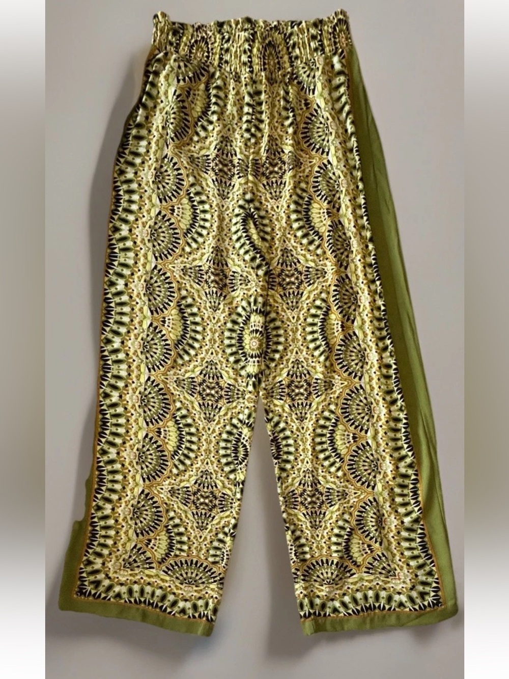 Women’s Rose & Olive Flowy Wide Leg Pants Moroccan Boho Greens Gold Black Small